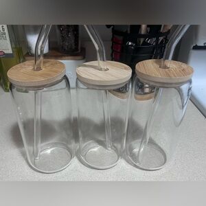 Clear Glass Tumblers with Bamboo Lids and Straws